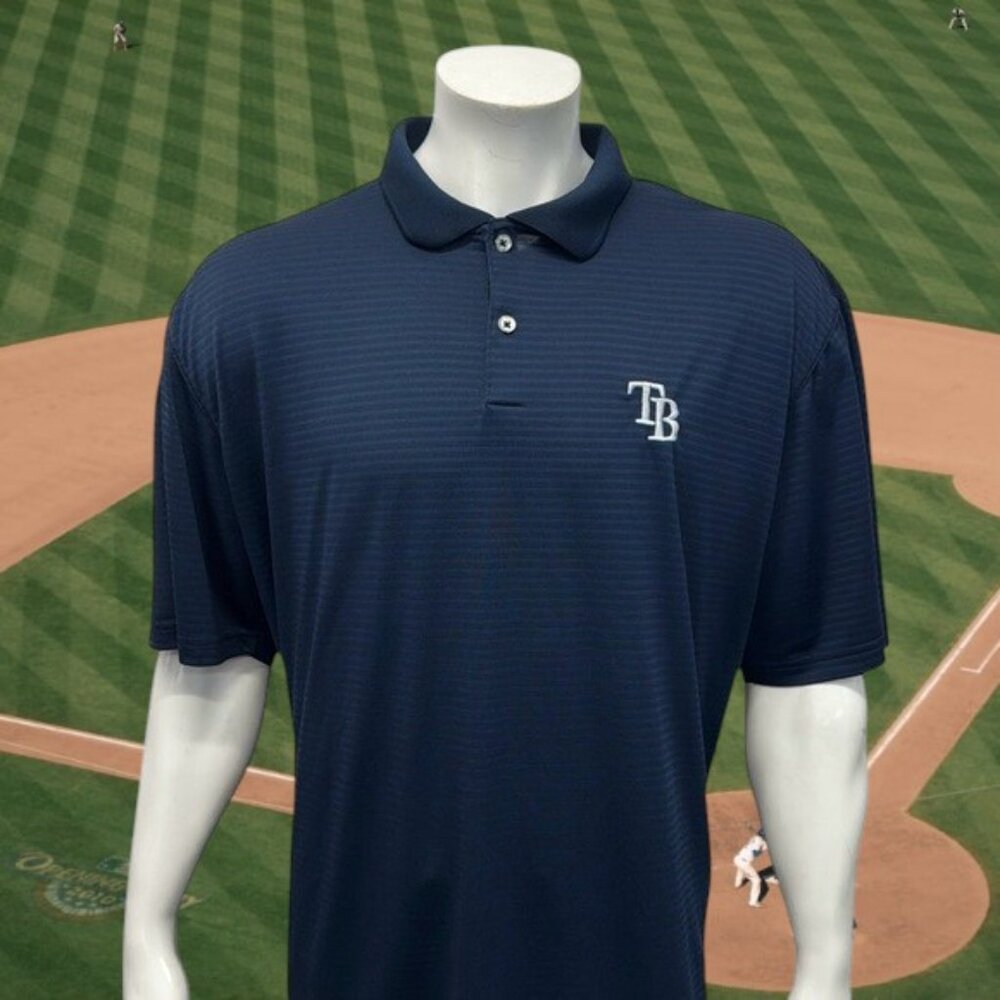 Tampa Bay Rays Blue-White Striped Embroidered Men's Golf Polo Shirt Size XXL 2XL